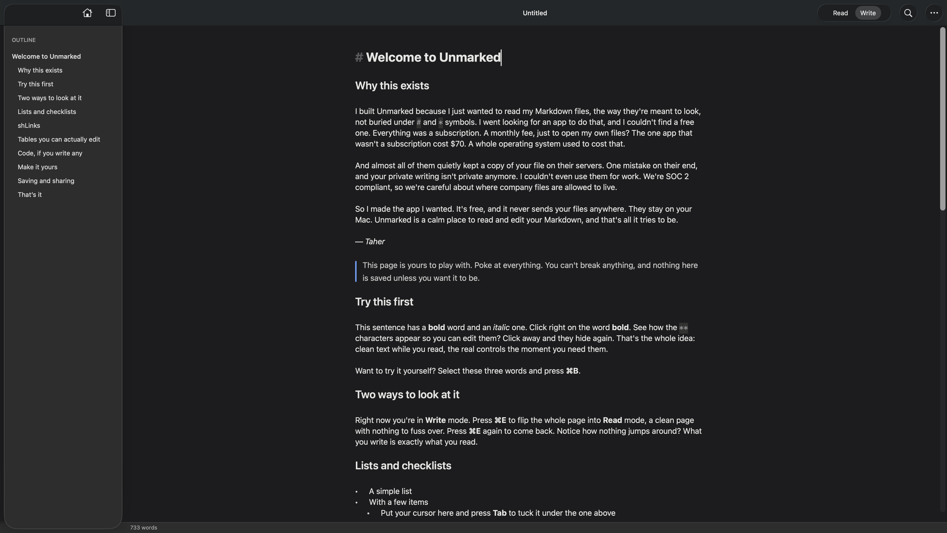 Unmarked in Write mode with Markdown syntax visible only at the cursor